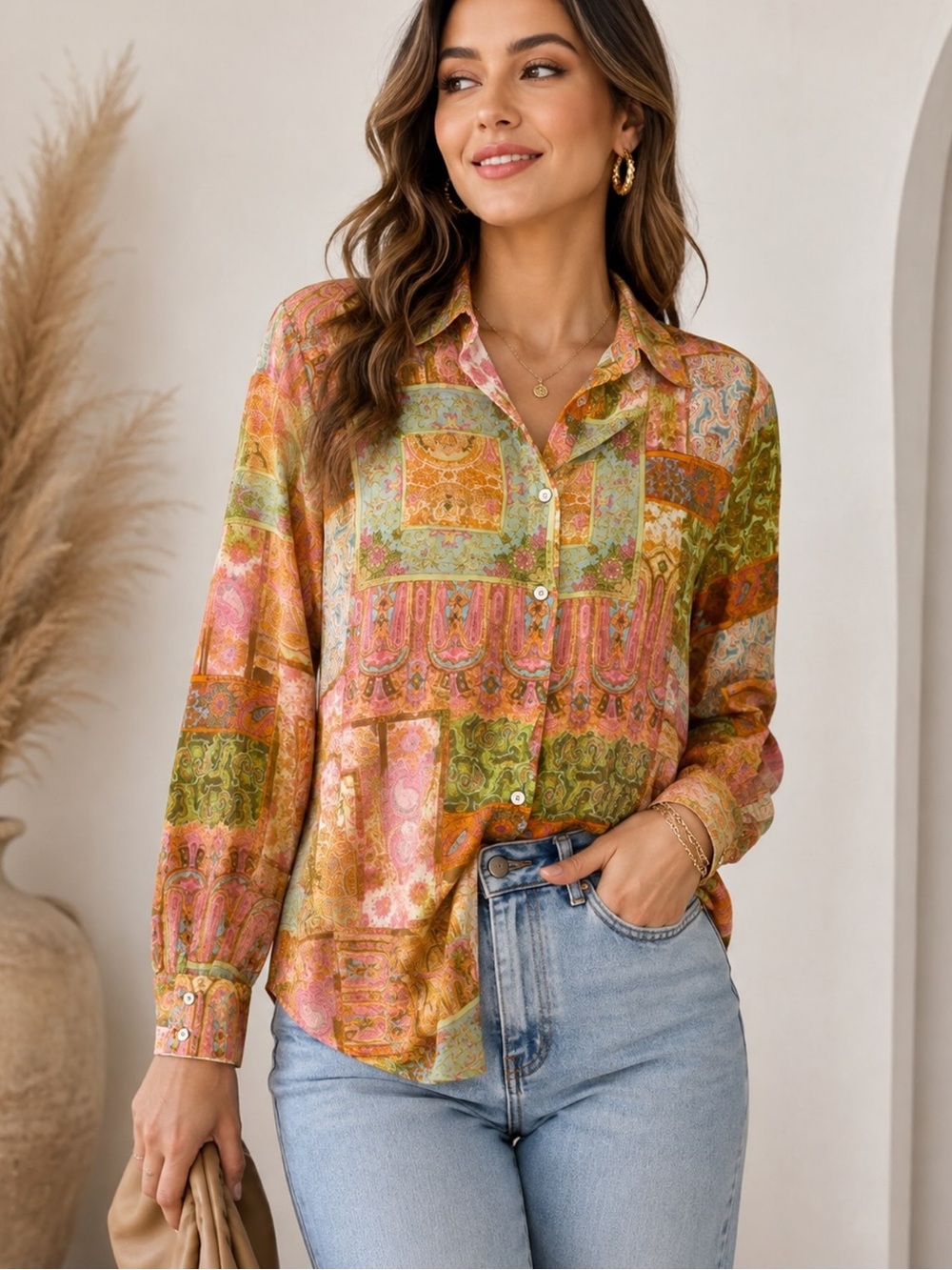 Rose + Olive Paisley Patchwork Button Up Collared Blouse